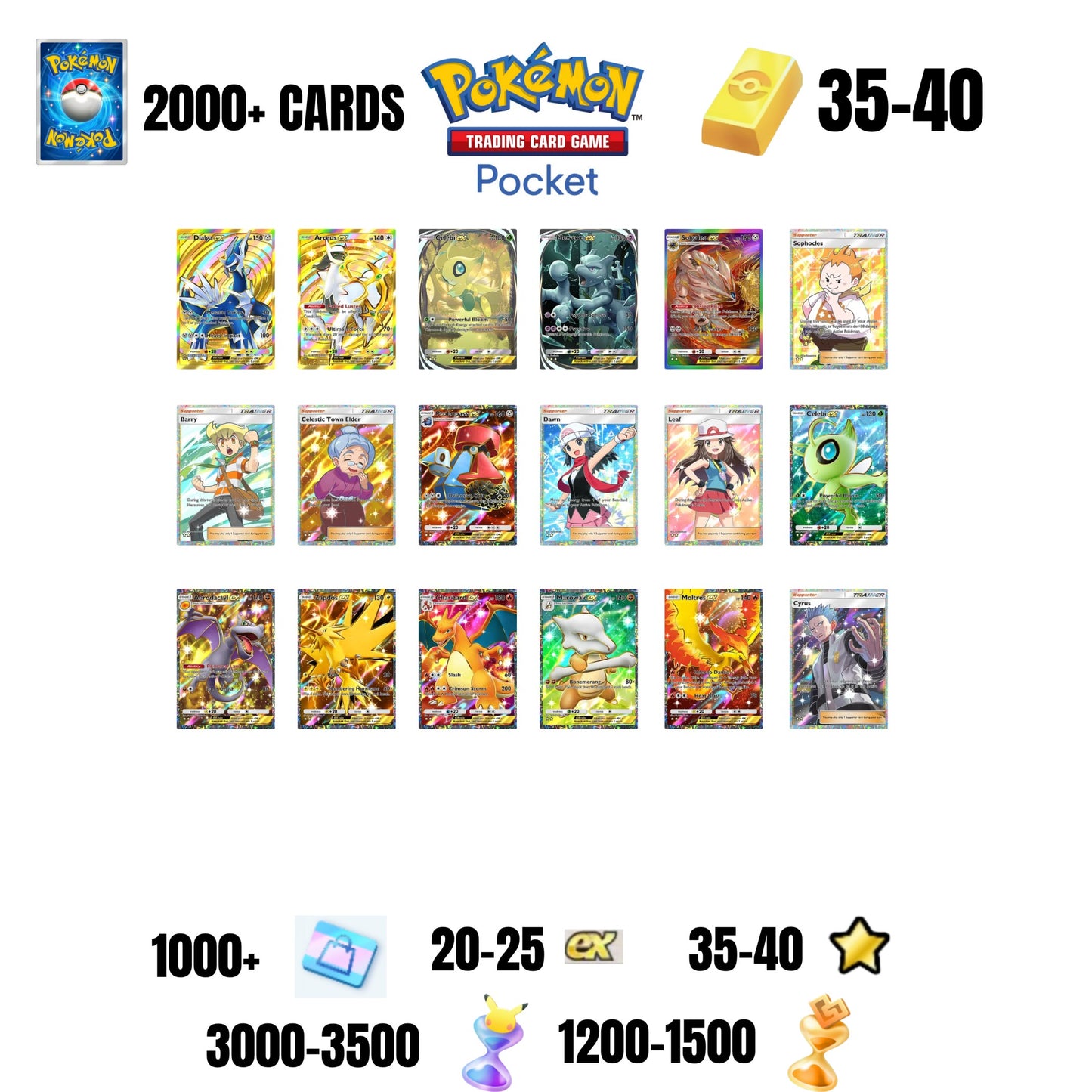 ENGLISH CARDS | 2000+ CARDS | 18 CARDS GUARANTEED| 20+ EX 4* | 35+ 1 STAR CARDS | 35+GOLD BARS | 3000+ PACK HOURGLASSES | 1200+ WONDER HOURGLASSES | 1000+ TICKETS
