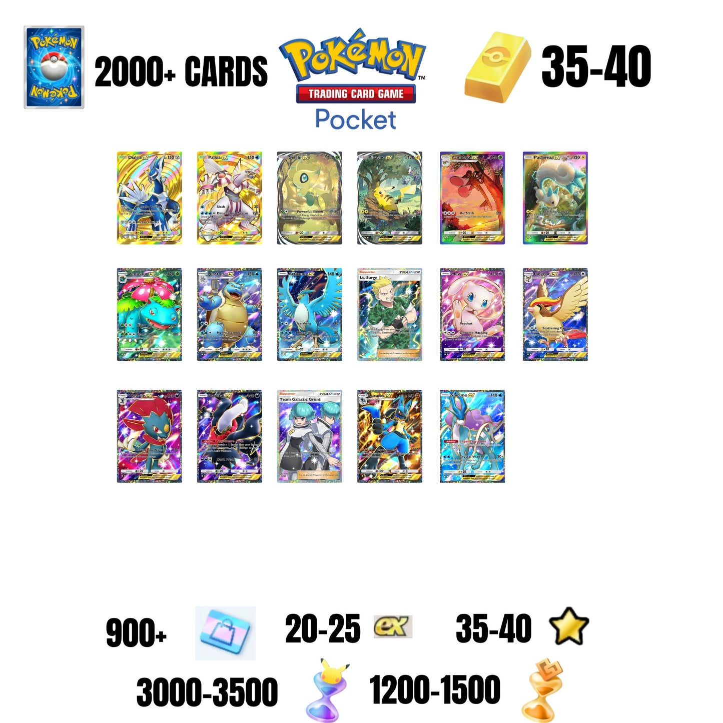 ENGLISH CARDS | 2000+ CARDS | 17 CARDS GUARANTEED | 20+ EX 4* | 35+ 1 STAR CARDS | 35+GOLD BARS | 3000+ PACK HOURGLASSES | 1200+ WONDER HOURGLASSES | 900+ TICKETS