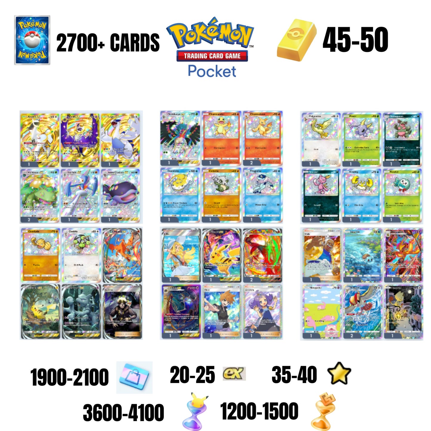 ENGLISH CARDS | 2700+ CARDS | 3 CROWN | 36 CARDS GUARANTEED | 20+ EX 4* | 35+ 1 STAR CARDS | 45+GOLD BARS | 3600+ PACK HOURGLASSES | 1200+ WONDER HOURGLASSES