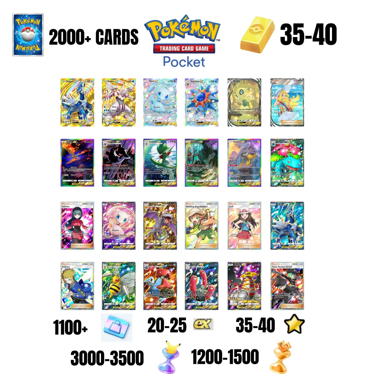 ENGLISH CARDS | 2000+ CARDS | 24 CARDS GUARANTEED | 20+ EX 4* | 35+ 1 STAR CARDS | 35+GOLD BARS | 3000+ PACK HOURGLASSES | 1200+ WONDER HOURGLASSES | 1100+ TICKETS