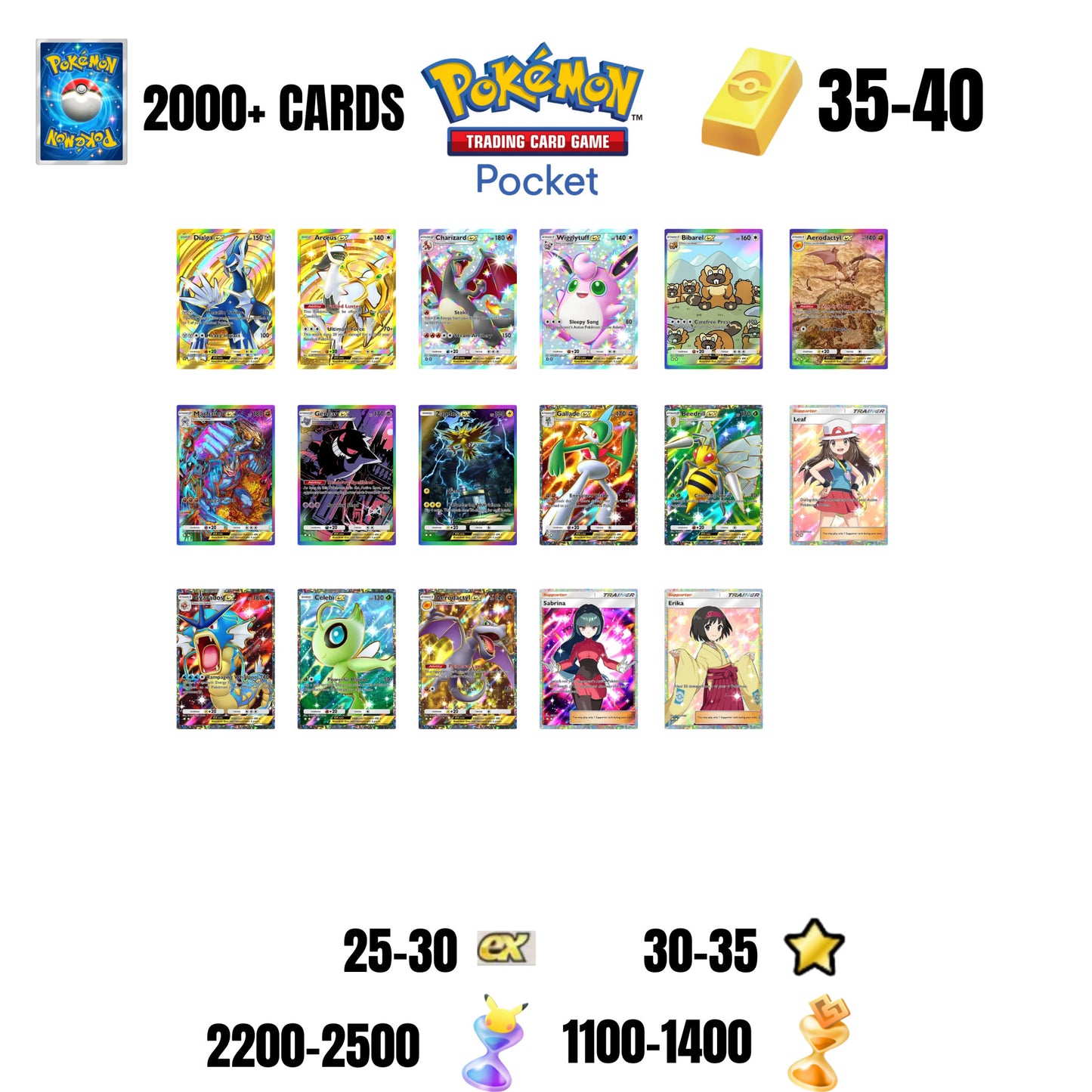 💎ENGLISH CARDS💎2000+ CARDS💎18 CARDS GUARANTEED🔥25 EX 4*🌟35 1 STAR CARDS🌟40 GOLD BARS🌟2500 PACK HOURGLASSES🌟1400 WONDER HOURGLASSES