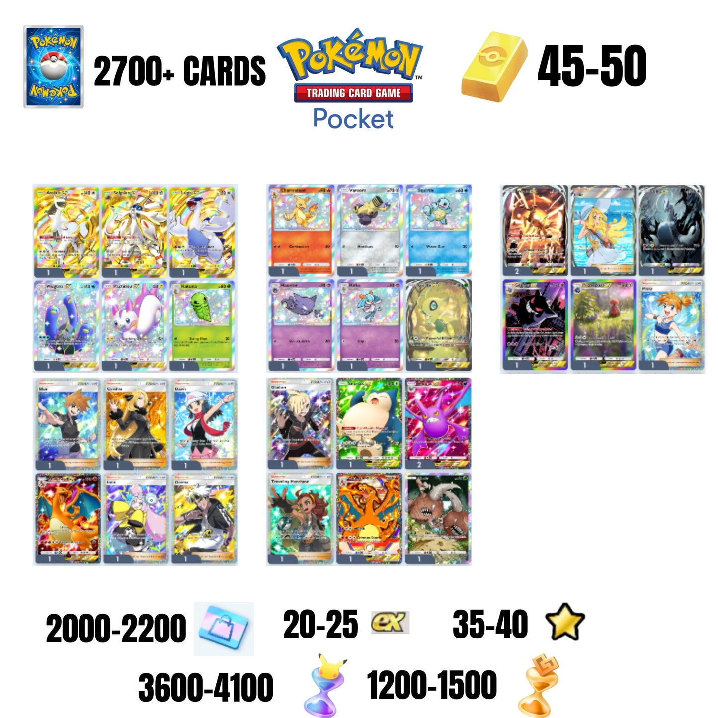 ENGLISH CARDS | 2700+ CARDS | 3 CROWN | 36 CARDS GUARANTEED | 20+ EX 4* | 35+ 1 STAR CARDS | 45+GOLD BARS | 3600+ PACK HOURGLASSES | 1200+ WONDER HOURGLASSES