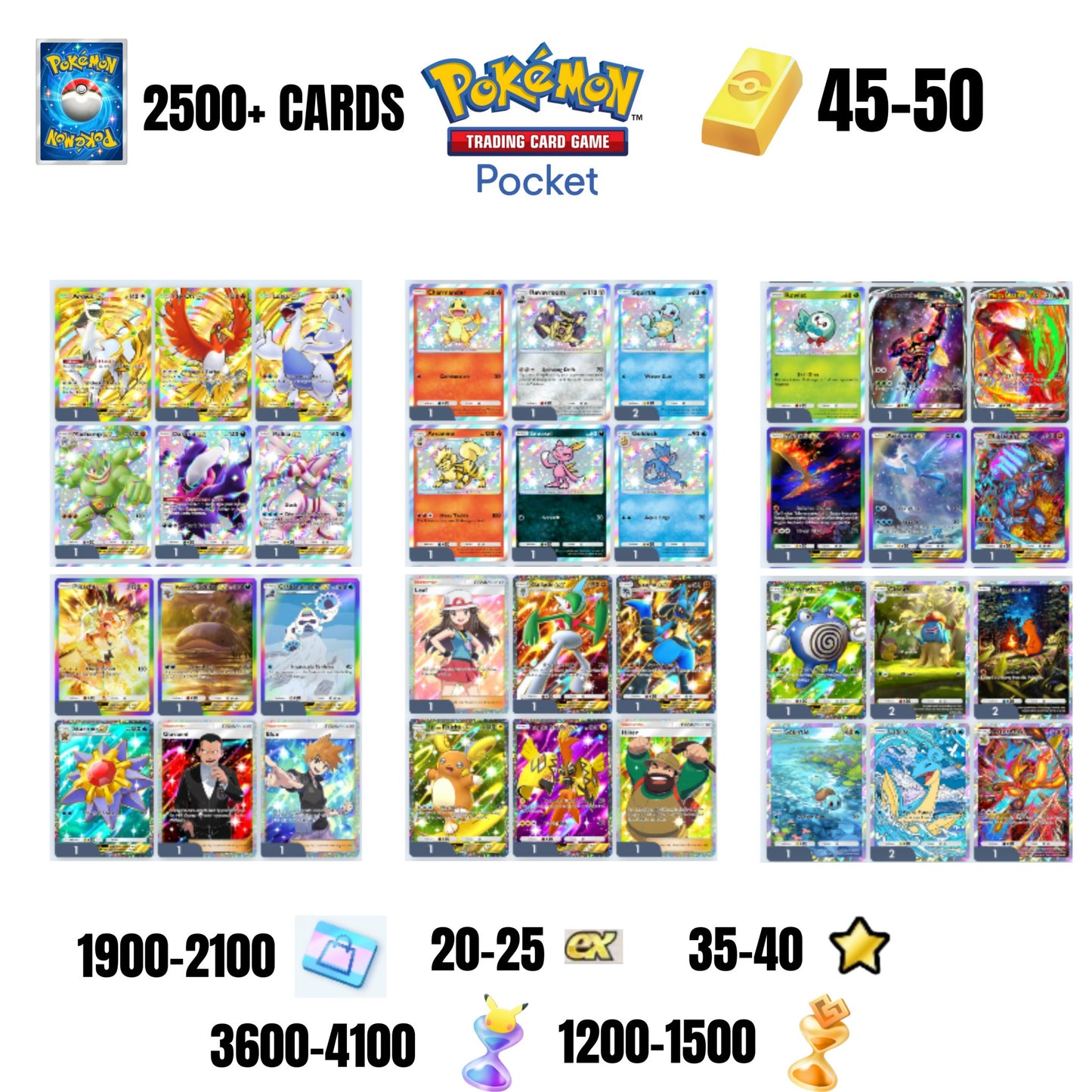 ENGLISH CARDS | 2500+ CARDS | 3 CROWN | 36 CARDS GUARANTEED | 20+ EX 4* | 35+ 1 STAR CARDS | 45+GOLD BARS | 3600+ PACK HOURGLASSES | 1200+ WONDER HOURGLASSES