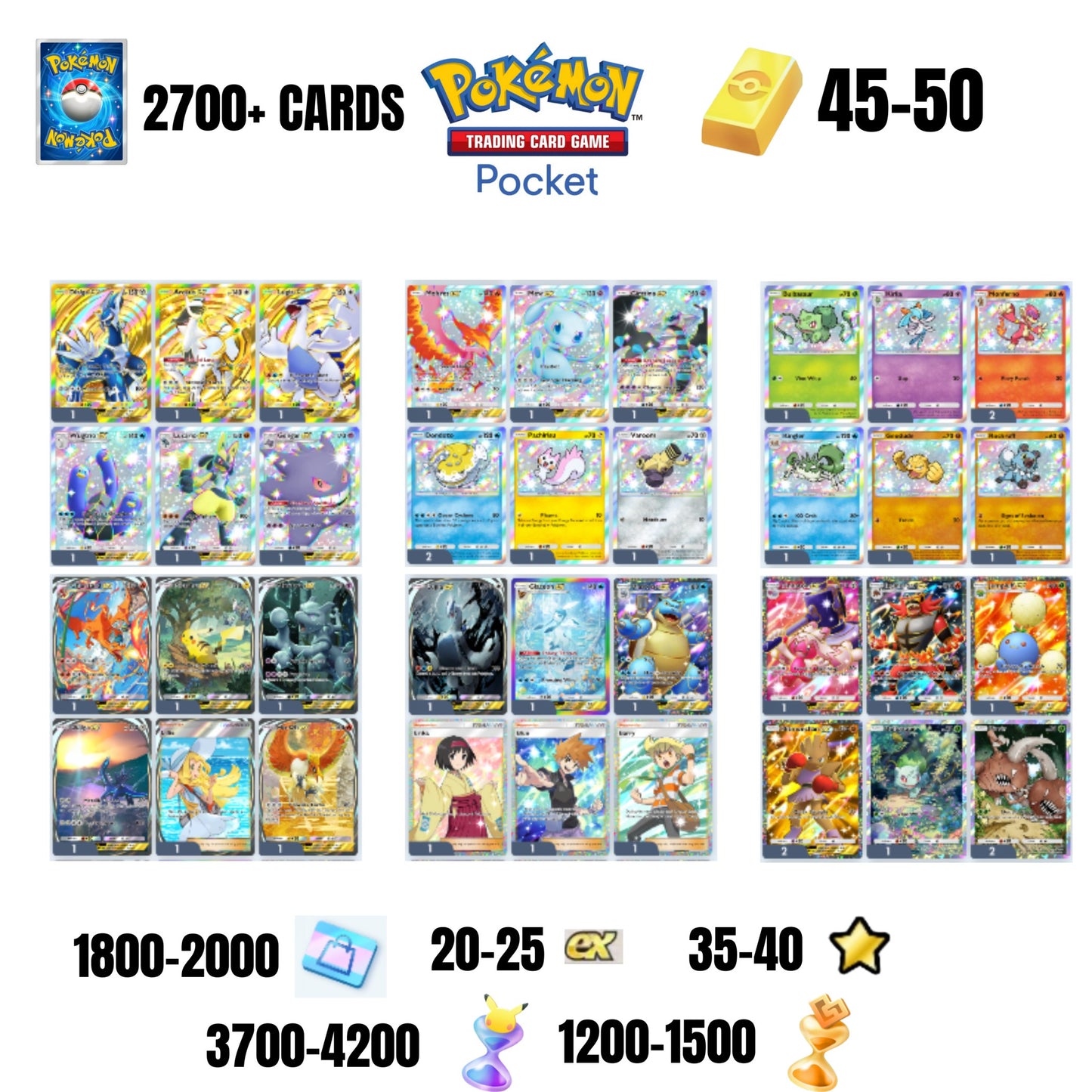 ENGLISH CARDS | 2700+ CARDS | 3 CROWN | 36 CARDS GUARANTEED | 20+ EX 4* | 35+ 1 STAR CARDS | 45+GOLD BARS | 3600+ PACK HOURGLASSES | 1200+ WONDER HOURGLASSES