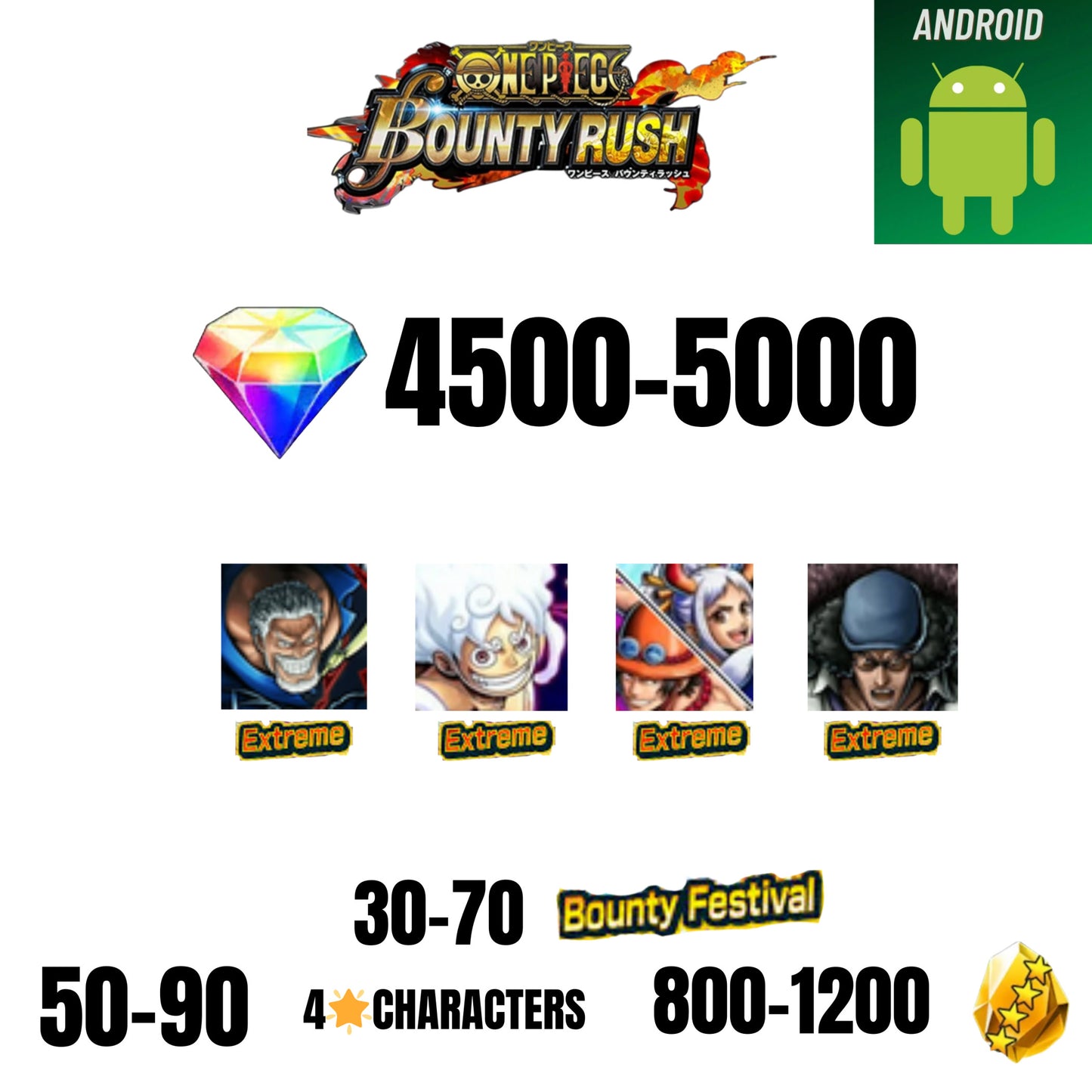 🔥4500+ GEMS💎4 EX CHARACTERS🔥50+ BOUNTY FESTIVAL🔥50+ 4-STAR CHARACTERS🔥800+ GOLD FRAGMENTS🔥ONE PIECE BOUNTY RUSH(ANDROID)✨️