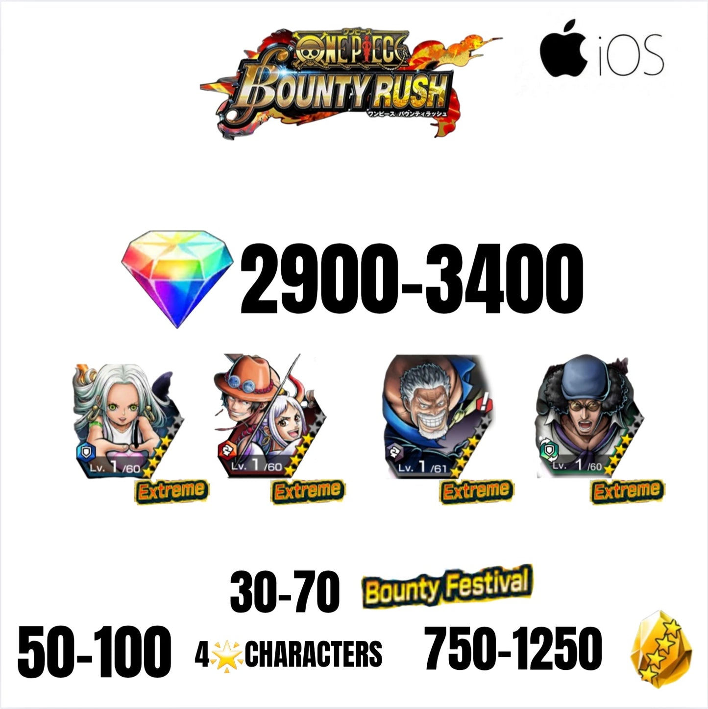 🔥3400 GEMS💎4 EX CHARACTERS GUARANTEED🔥70 BOUNTY FESTIVAL🔥100 4-STAR CHARACTERS🔥1250 GOLD FRAGMENTS🔥ONE PIECE BOUNTY RUSH(IOS)✨️