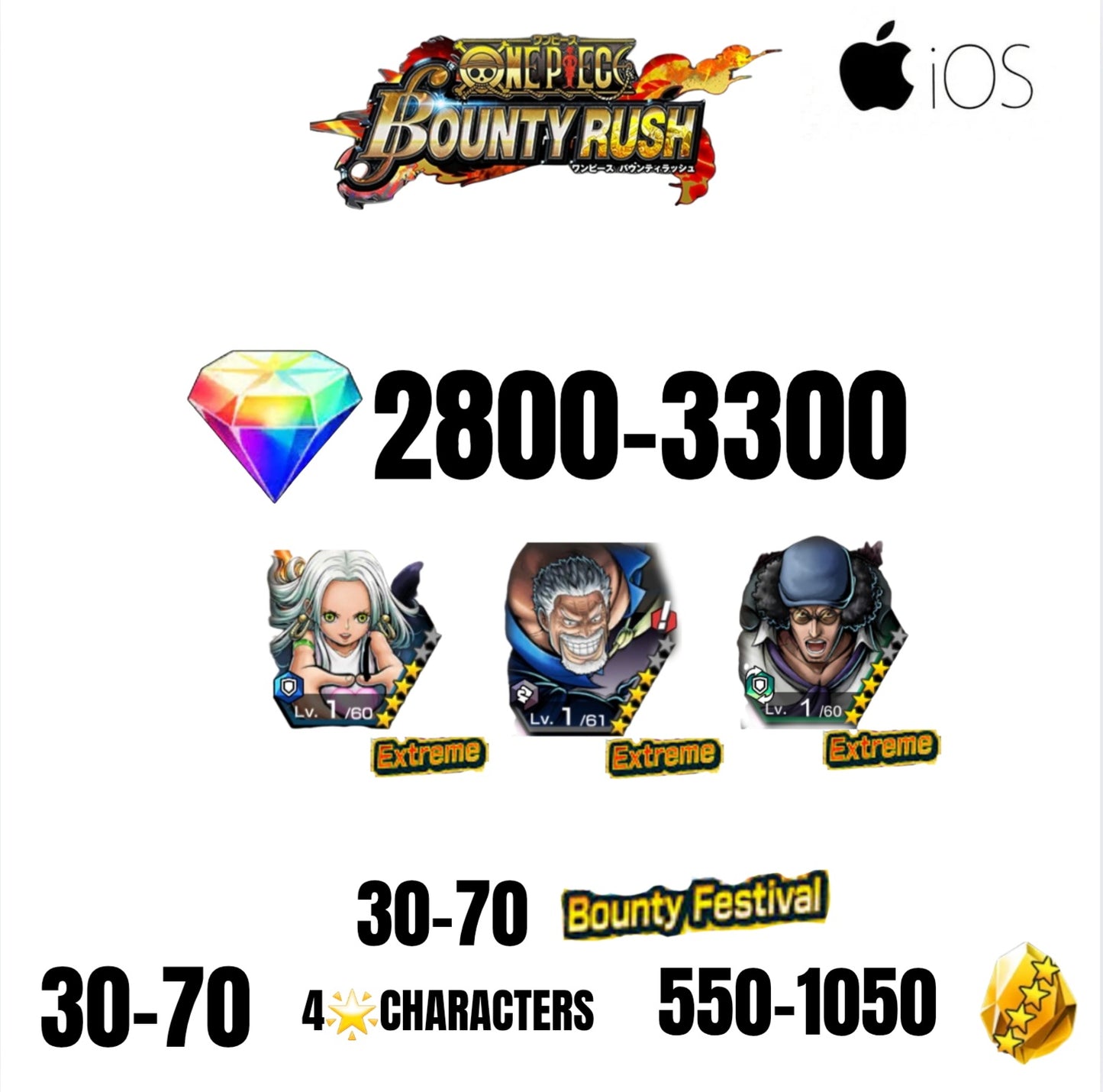 🔥3300 GEMS💎3 EX CHARACTERS GUARANTEED🔥70 BOUNTY FESTIVAL🔥70 4-STAR CHARACTERS🔥1050 GOLD FRAGMENTS🔥ONE PIECE BOUNTY RUSH(IOS)✨️