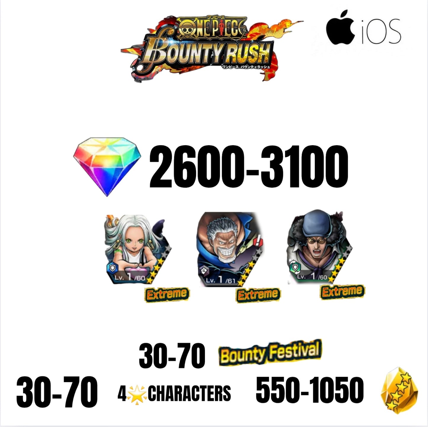 🔥3100 GEMS💎3 EX CHARACTERS GUARANTEED🔥70 BOUNTY FESTIVAL🔥70 4-STAR CHARACTERS🔥1050 GOLD FRAGMENTS🔥ONE PIECE BOUNTY RUSH(IOS)✨️