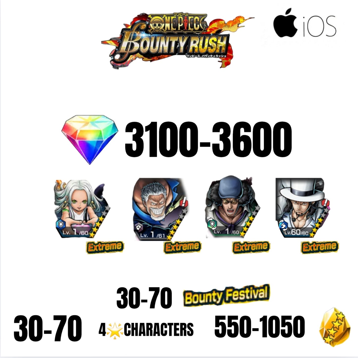 🔥3600 GEMS💎4 EX CHARACTERS GUARANTEED🔥70 BOUNTY FESTIVAL🔥70 4-STAR CHARACTERS🔥1050 GOLD FRAGMENTS🔥ONE PIECE BOUNTY RUSH(IOS)✨️