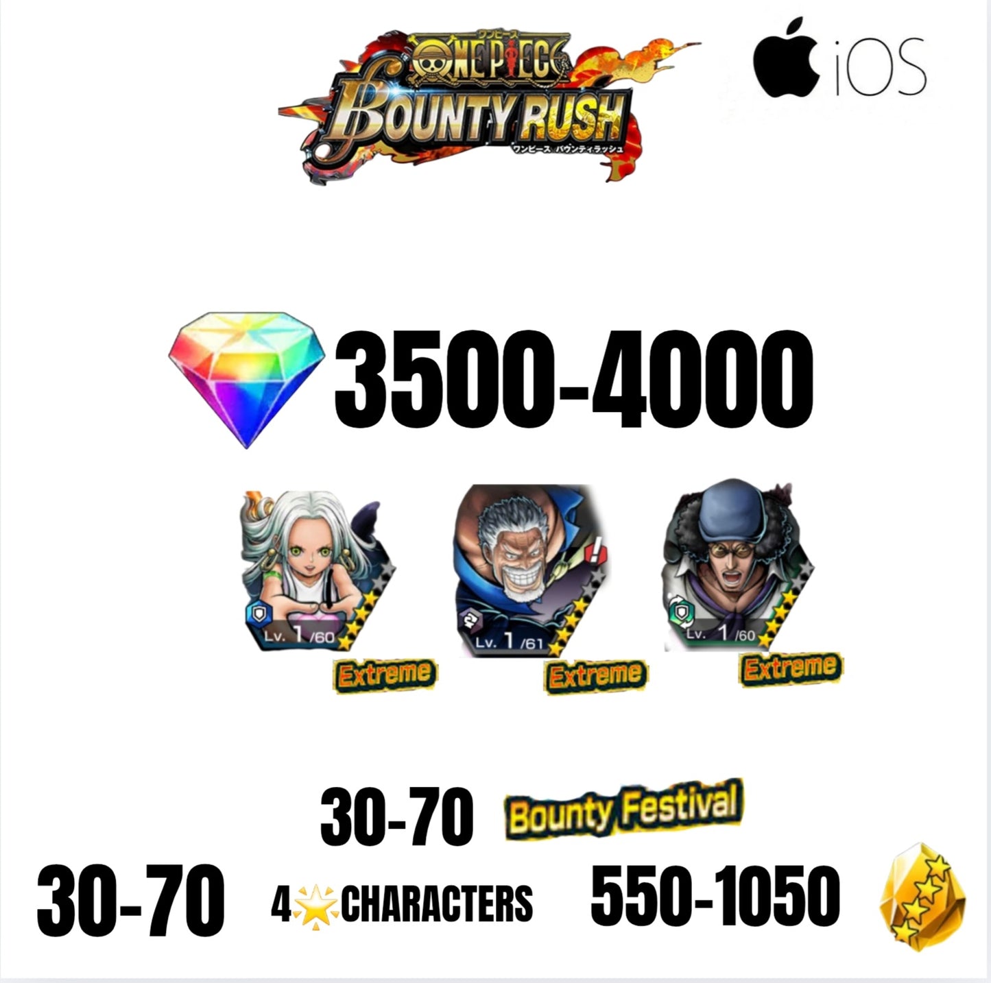 🔥4000 GEMS💎3 EX CHARACTERS GUARANTEED🔥70 BOUNTY FESTIVAL🔥70 4-STAR CHARACTERS🔥1050 GOLD FRAGMENTS🔥ONE PIECE BOUNTY RUSH(IOS)✨️