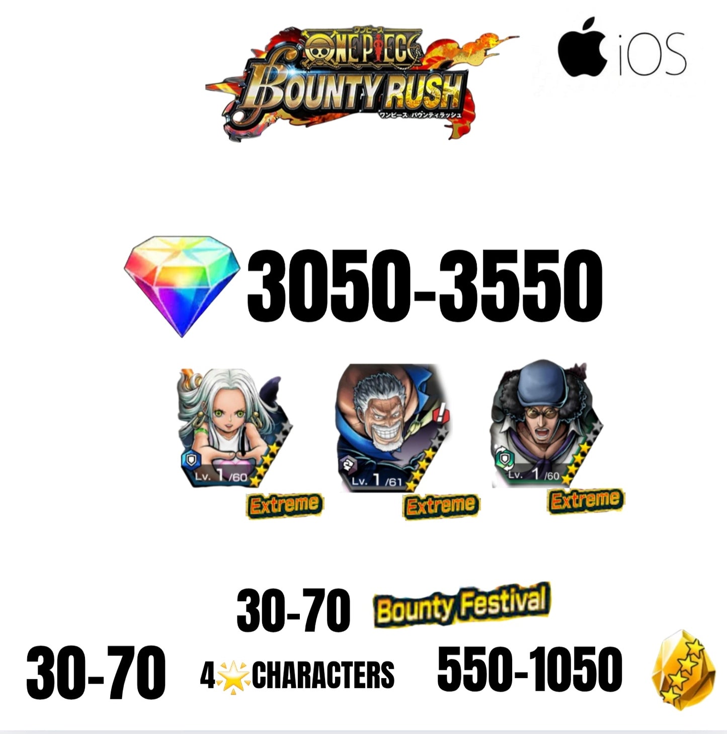 🔥3550 GEMS💎3 EX CHARACTERS GUARANTEED🔥70 BOUNTY FESTIVAL🔥70 4-STAR CHARACTERS🔥1050 GOLD FRAGMENTS🔥ONE PIECE BOUNTY RUSH(IOS)✨️