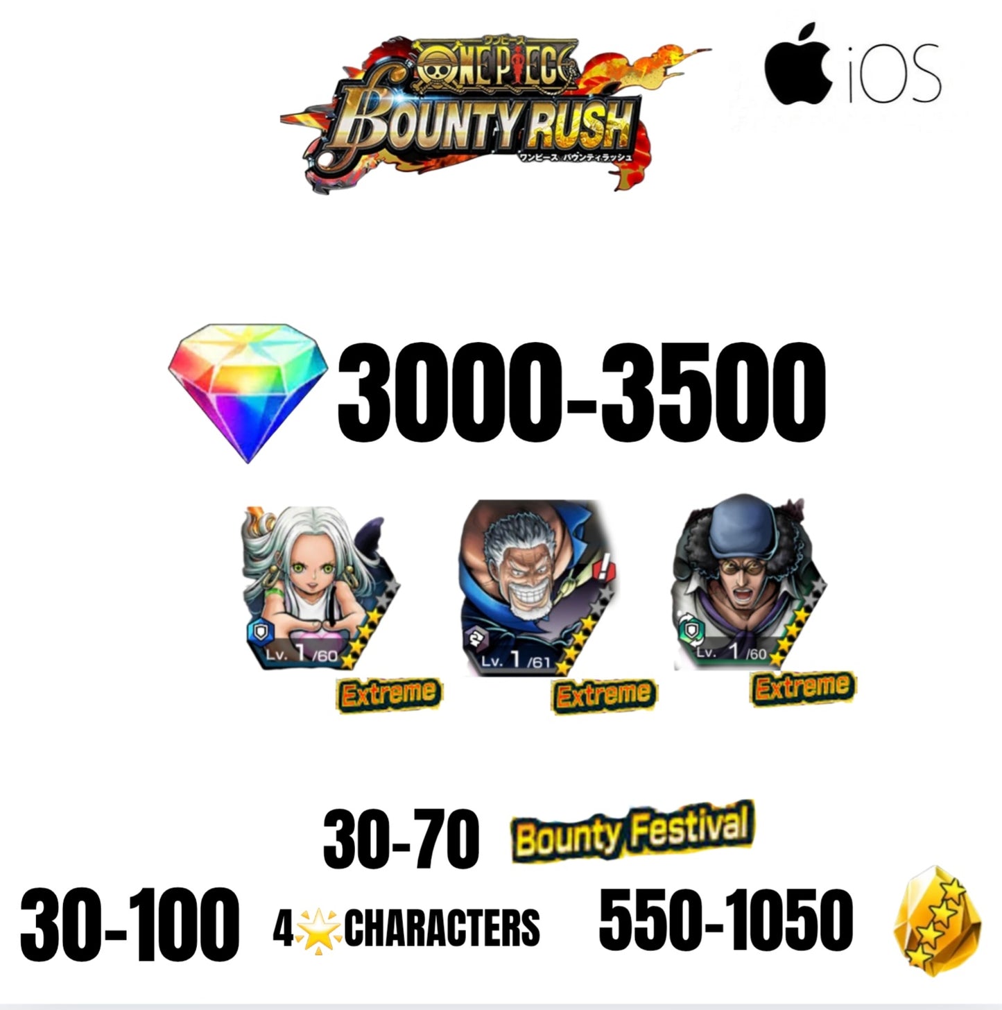 🔥3500 GEMS💎3 EX CHARACTERS GUARANTEED🔥70 BOUNTY FESTIVAL🔥70 4-STAR CHARACTERS🔥1050 GOLD FRAGMENTS🔥ONE PIECE BOUNTY RUSH(IOS)✨️