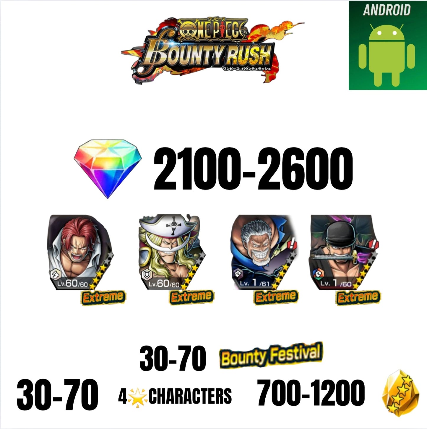 🔥2600 GEMS💎4 EX CHARACTERS GUARANTEED🔥70 BOUNTY FESTIVAL🔥70 4-STAR CHARACTERS🔥1200 GOLD FRAGMENTS🔥ONE PIECE BOUNTY RUSH(ANDROID)✨️