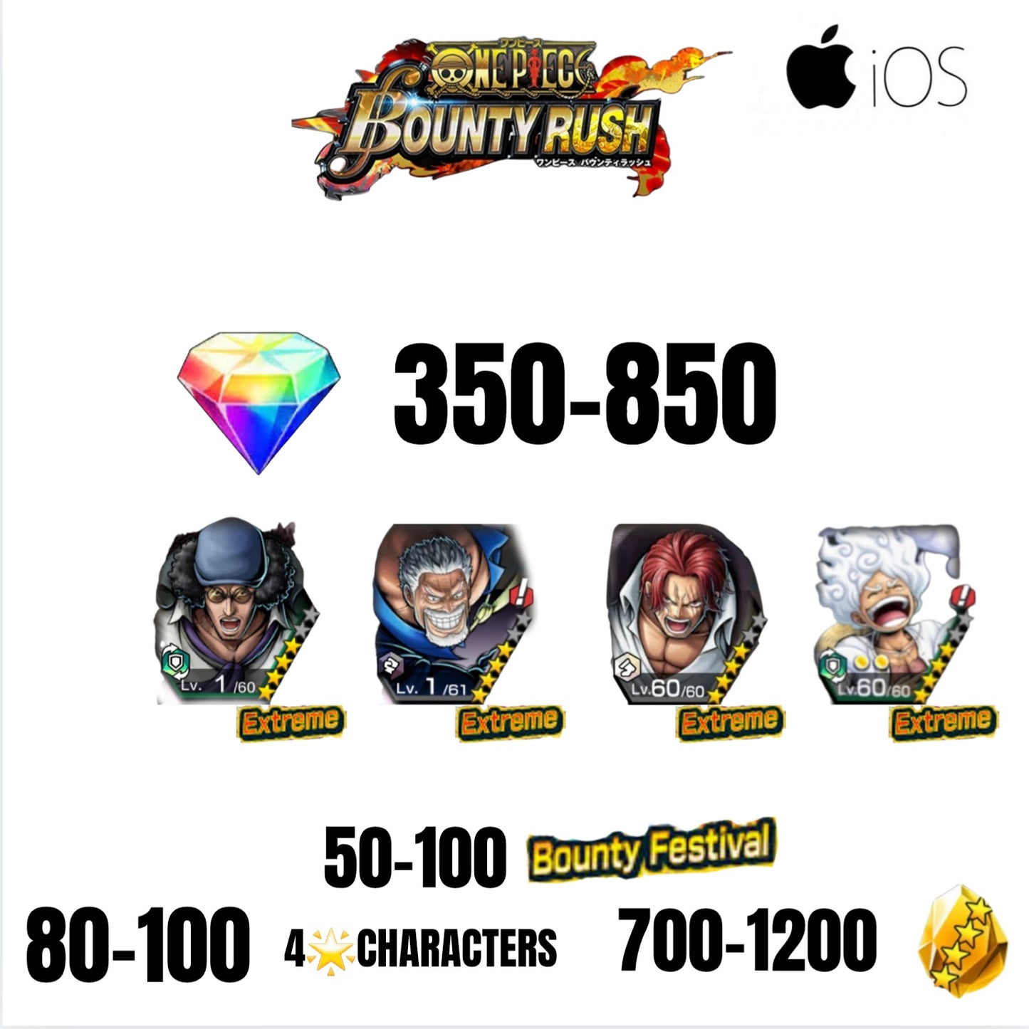 🔥850 GEMS💎4 EX CHARACTERS GUARANTEED🔥100 BOUNTY FESTIVAL🔥100 4-STAR CHARACTERS🔥1200 GOLD FRAGMENTS🔥ONE PIECE BOUNTY RUSH(IOS)✨️