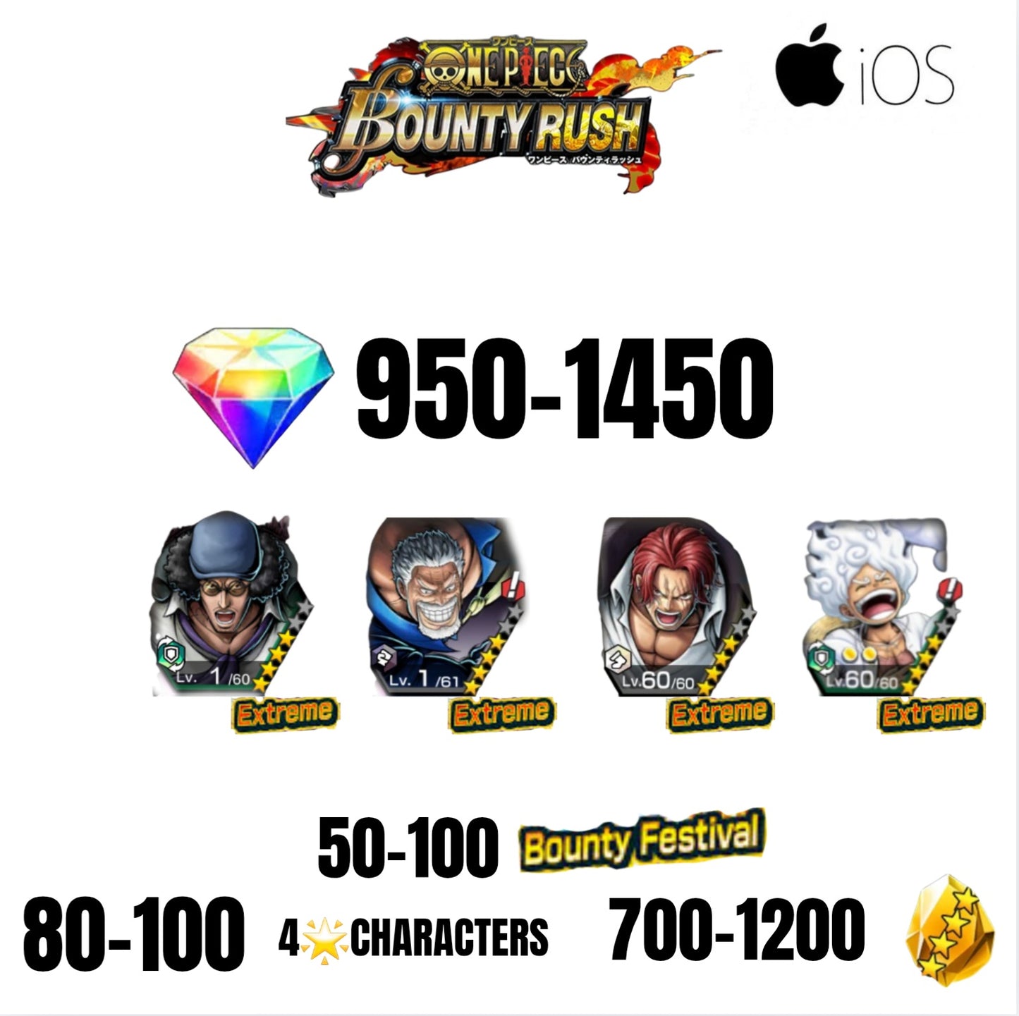🔥1450 GEMS💎4 EX CHARACTERS GUARANTEED🔥100 BOUNTY FESTIVAL🔥100 4-STAR CHARACTERS🔥1200 GOLD FRAGMENTS🔥ONE PIECE BOUNTY RUSH(IOS)✨️