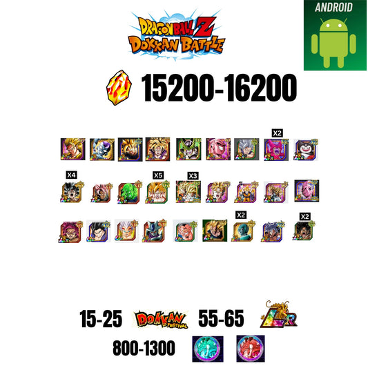 [GLOBAL][ANDROID] 15200-16200 STONES | 6TH ANNY CHARACTERS ANNY | BEAST GOHAN | CELL MAX | 27 CHARACTERS | 15-25 DOKKAN FEST | 55-65 LR | 800+ COIN