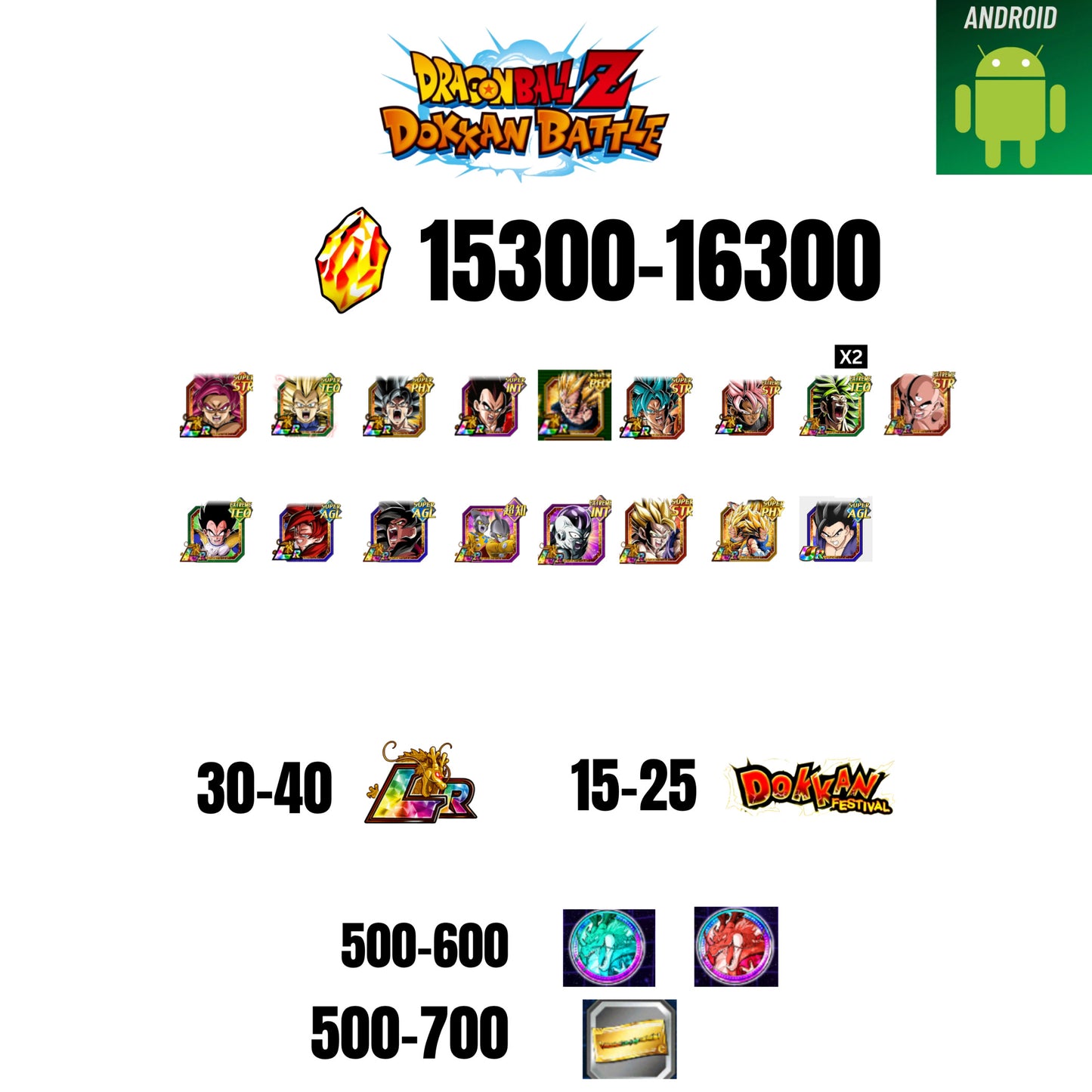 [GLOBAL][ANDROID] 15300-16300 STONES | GOKU SS4 | VEGETA SS3 | GOKU UI | VEGETA SS4 | 19 CHARACTERS | 30-40 LR + 15-25 DOKKAN FEST | 500-600 COIN | 500 TICKET