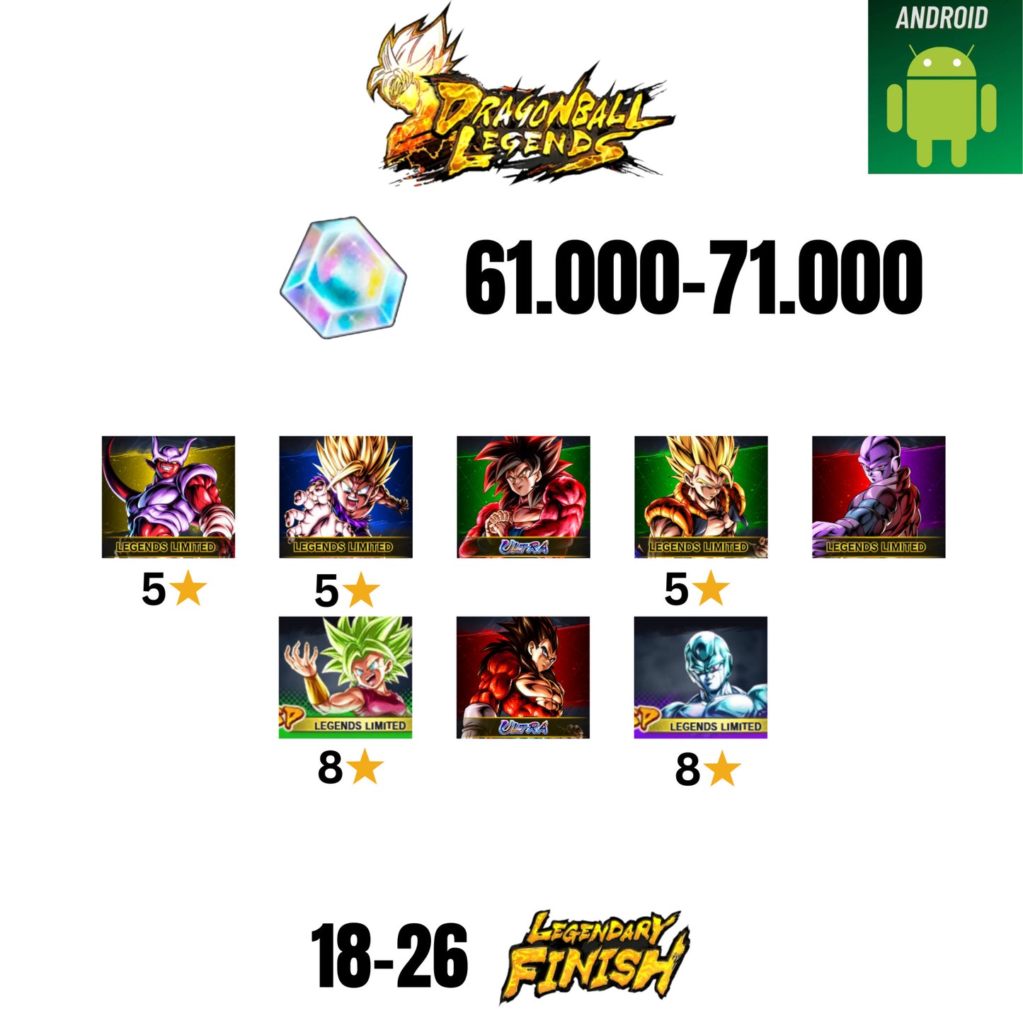 [GLOBAL][ANDROID] 61.000-71.000 CC | GOKU SS4 ULTRA | GOHAN SS2 5* | GOGETA LF 5* | JANEMBA LF 5* | 8 CHARACTERS | 18-26 LF