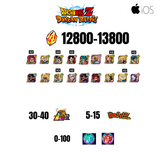 [GLOBAL][IOS] 12800-13800 STONES | GOKU SS4 | VEGETA SS3 | GOKU UI | VEGETA SS4 | 18 CHARACTERS | 30-40 LR + 5-15 DOKKAN FESTIVAL | 0-100 ANNY COIN