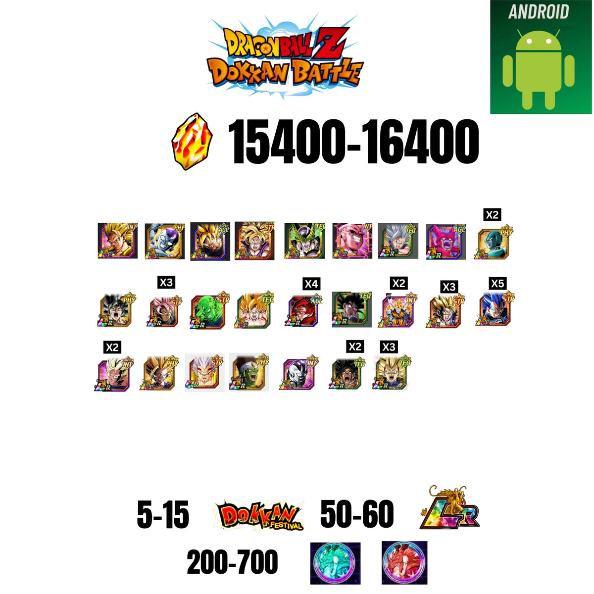 [GLOBAL][ANDROID] 15400-16400 STONES | 6TH ANNY CHARACTERS ANNY | BEAST GOHAN | CELL MAX | 25 CHARACTERS | 5-15 DOKKAN FEST | 50-60 LR | 200+ COIN