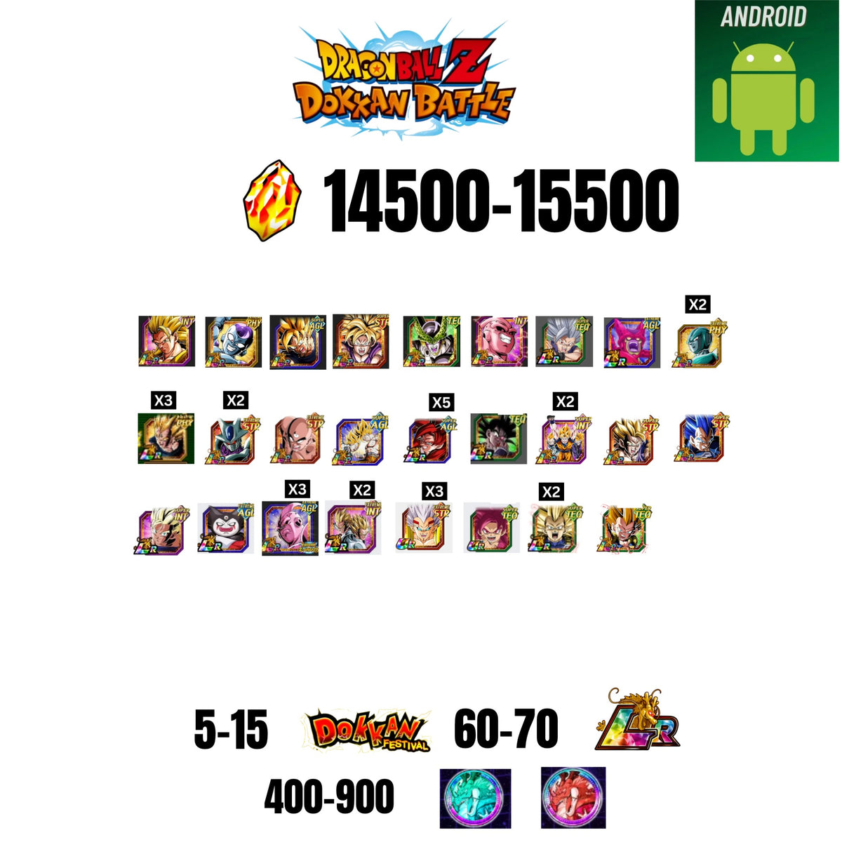 [GLOBAL][ANDROID] 14500-15500 STONES | 6TH ANNY CHARACTERS ANNY | BEAST GOHAN | CELL MAX | 26 CHARACTERS | 5-15 DOKKAN FEST | 60-70 LR | 400+ COIN