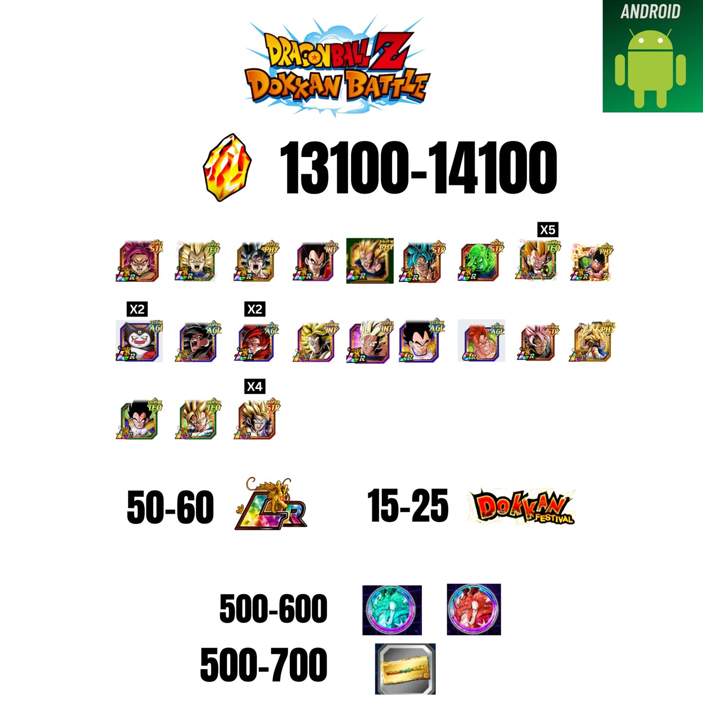 [GLOBAL][ANDROID] 13100-14100 STONES | GOKU SS4 | VEGETA SS3 | GOKU UI | VEGETA SS4 | 21 CHARACTERS | 50-60 LR + 15-25 DOKKAN FEST | 500-600 COIN | 500 TICKET
