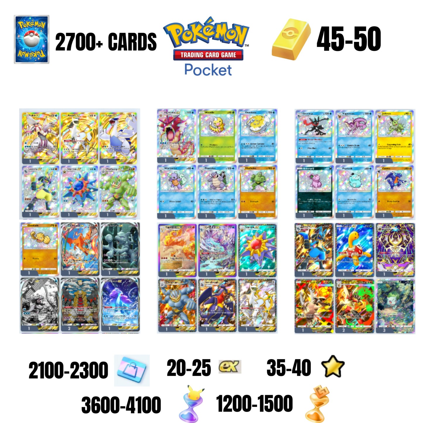 ENGLISH CARDS | 2700+ CARDS | 3 CROWN | 36 CARDS GUARANTEED | 20+ EX 4* | 35+ 1 STAR CARDS | 45+GOLD BARS | 3600+ PACK HOURGLASSES | 1200+ WONDER HOURGLASSES