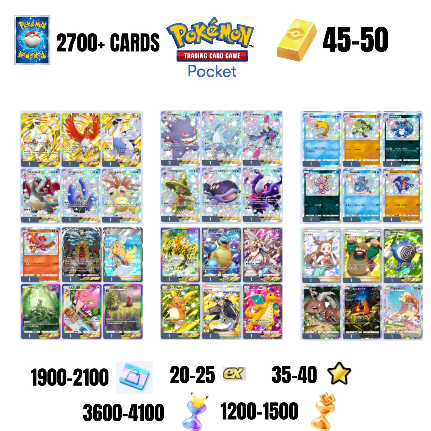 ENGLISH CARDS | 2700+ CARDS | 3 CROWN | 36 CARDS GUARANTEED | 20+ EX 4* | 35+ 1 STAR CARDS | 45+GOLD BARS | 3600+ PACK HOURGLASSES | 1200+ WONDER HOURGLASSES