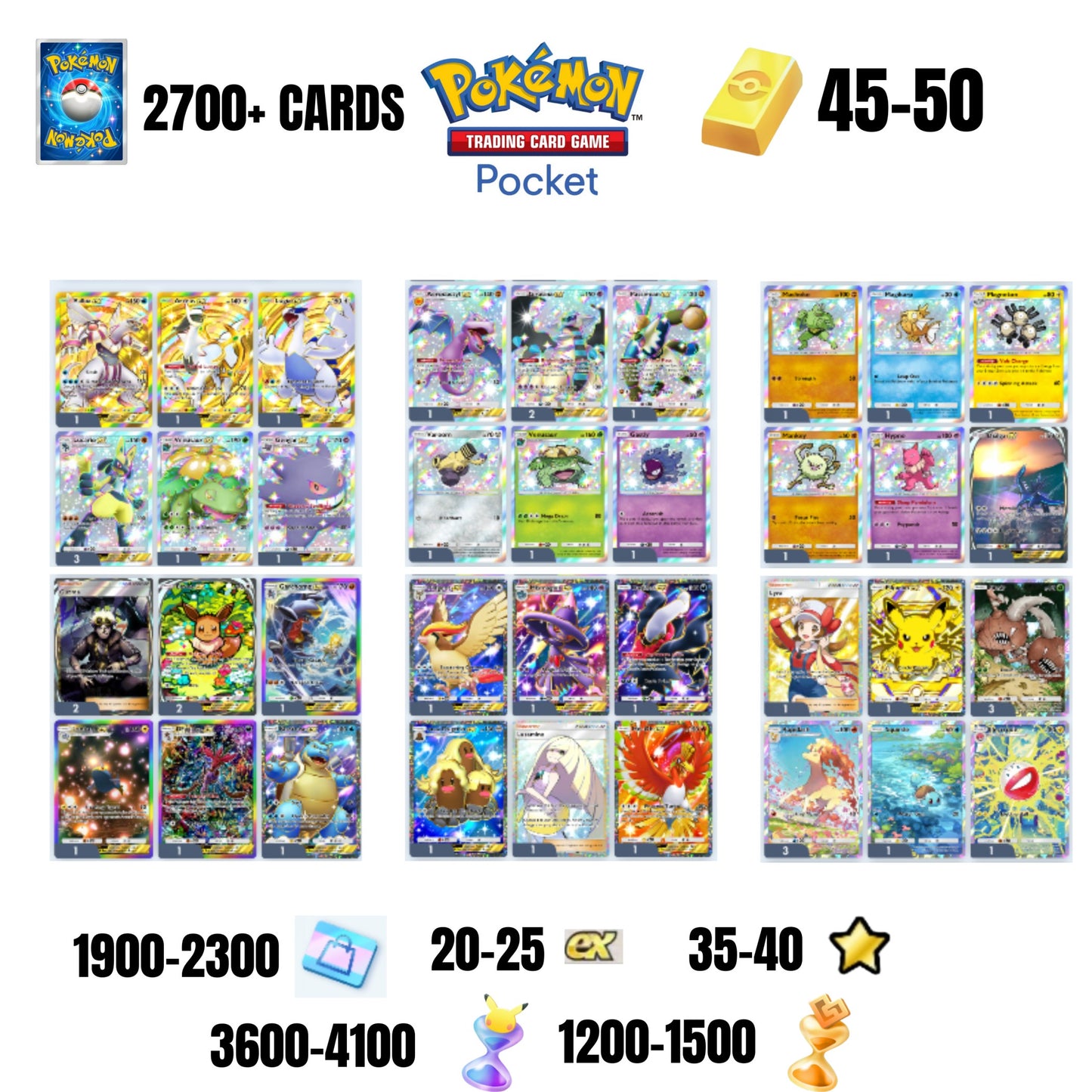 ENGLISH CARDS | 2700+ CARDS | 3 CROWN | 36 CARDS GUARANTEED | 20+ EX 4* | 35+ 1 STAR CARDS | 45+GOLD BARS | 3600+ PACK HOURGLASSES | 1200+ WONDER HOURGLASSES