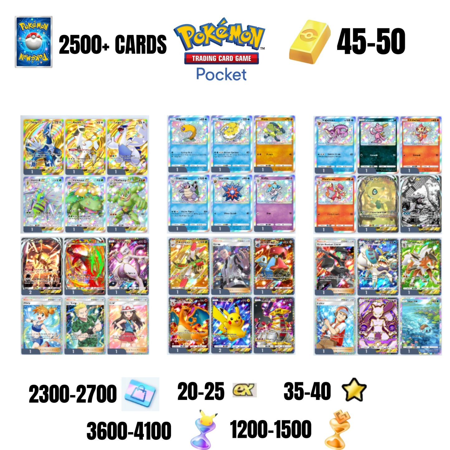 ENGLISH CARDS | 2500+ CARDS | 3 CROWN | 36 CARDS GUARANTEED | 20+ EX 4* | 35+ 1 STAR CARDS | 45+GOLD BARS | 3600+ PACK HOURGLASSES | 1200+ WONDER HOURGLASSES
