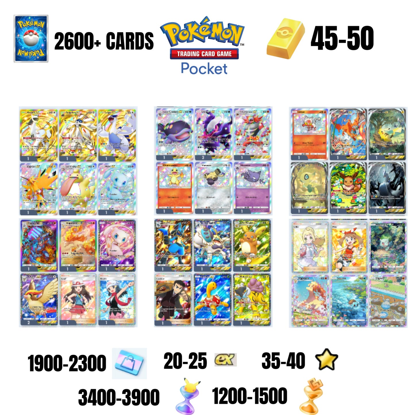 ENGLISH CARDS | 2700+ CARDS | 3 CROWN | 36 CARDS GUARANTEED | 20+ EX 4* | 35+ 1 STAR CARDS | 45+GOLD BARS | 3400+ PACK HOURGLASSES | 1200+ WONDER HOURGLASSES
