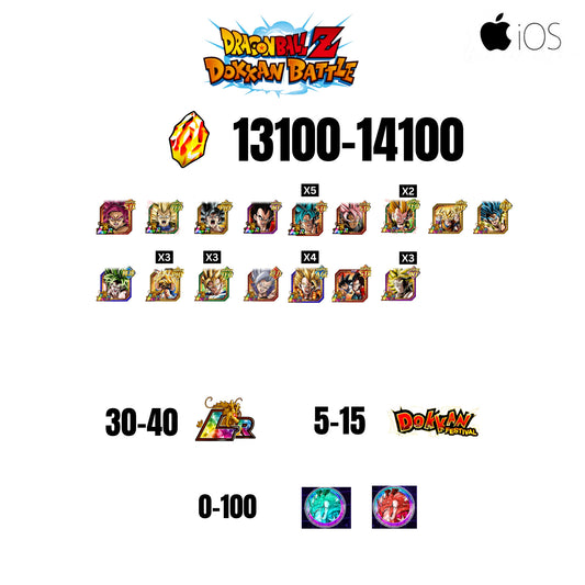 [GLOBAL][IOS] 13100-14100 STONES | GOKU SS4 | VEGETA SS3 | GOKU UI | VEGETA SS4 | 16 CHARACTERS | 30-40 LR + 5-15 DOKKAN FESTIVAL | 0-100 ANNY COIN