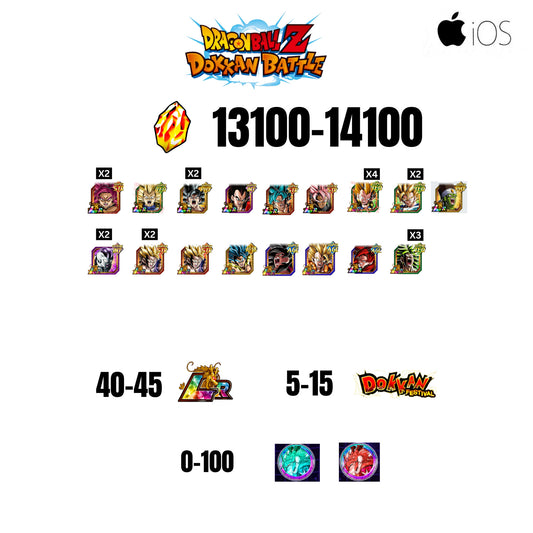 [GLOBAL][IOS] 13100-14100 STONES | GOKU SS4 | VEGETA SS3 | GOKU UI | VEGETA SS4 | 17 CHARACTERS | 30-40 LR + 5-15 DOKKAN FESTIVAL | 0-100 ANNY COIN