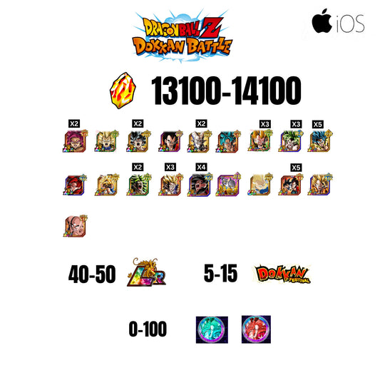 [GLOBAL][IOS] 13100-14100 STONES | GOKU SS4 | VEGETA SS3 | GOKU UI | VEGETA SS4 | 18 CHARACTERS | 40-50 LR + 5-15 DOKKAN FESTIVAL | 0-100 ANNY COIN