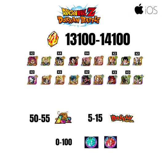 [GLOBAL][IOS] 13100-14100 STONES | GOKU SS4 | VEGETA SS3 | GOKU UI | VEGETA SS4 | 18 CHARACTERS | 50-55 LR + 5-15 DOKKAN FESTIVAL | 0-100 ANNY COIN