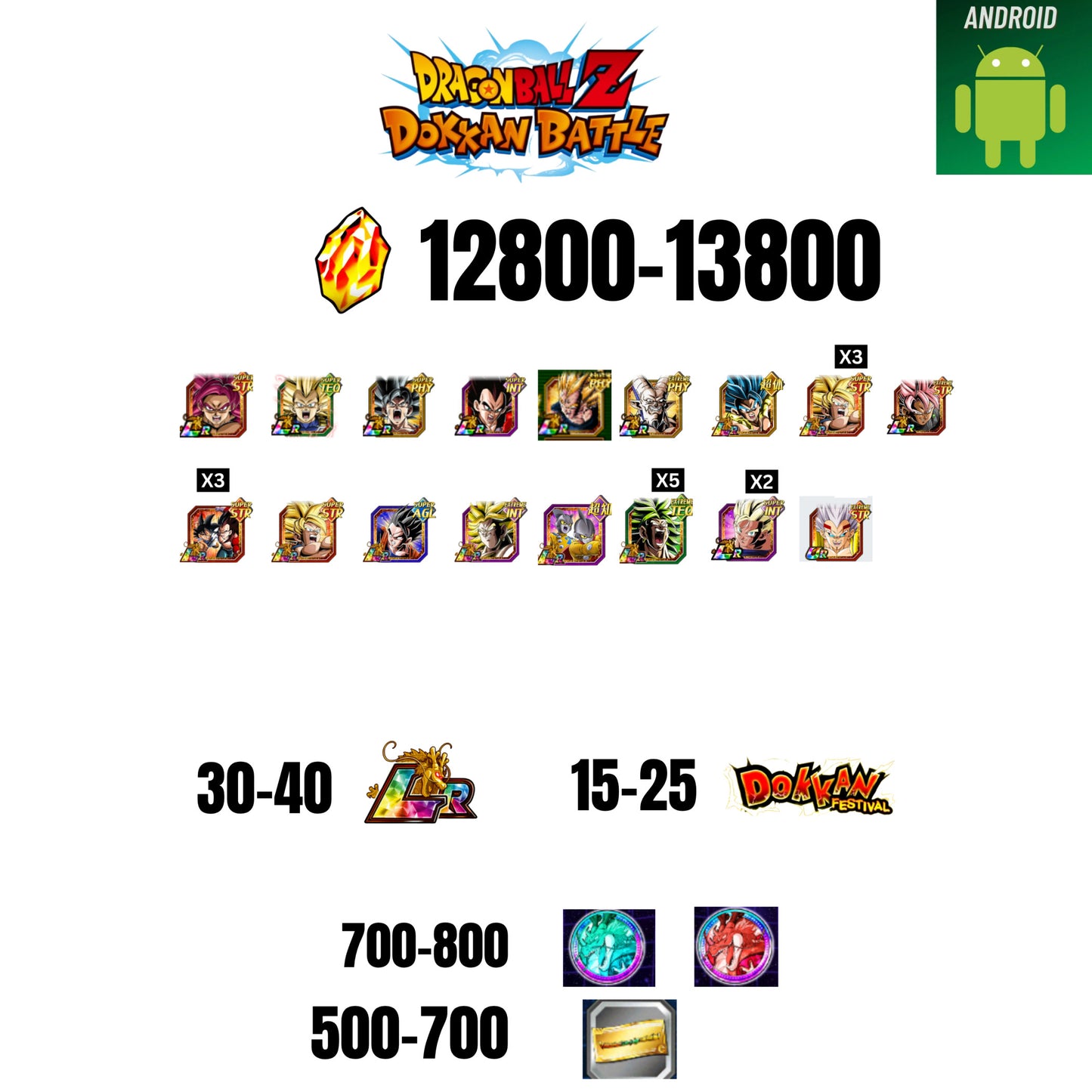 [GLOBAL][ANDROID] 12800-13800 STONES | GOKU SS4 | VEGETA SS3 | GOKU UI | VEGETA SS4 | 17 CHARACTERS | 30-40 LR + 15-25 DOKKAN FEST | 100-200 COIN | 500 TICKET