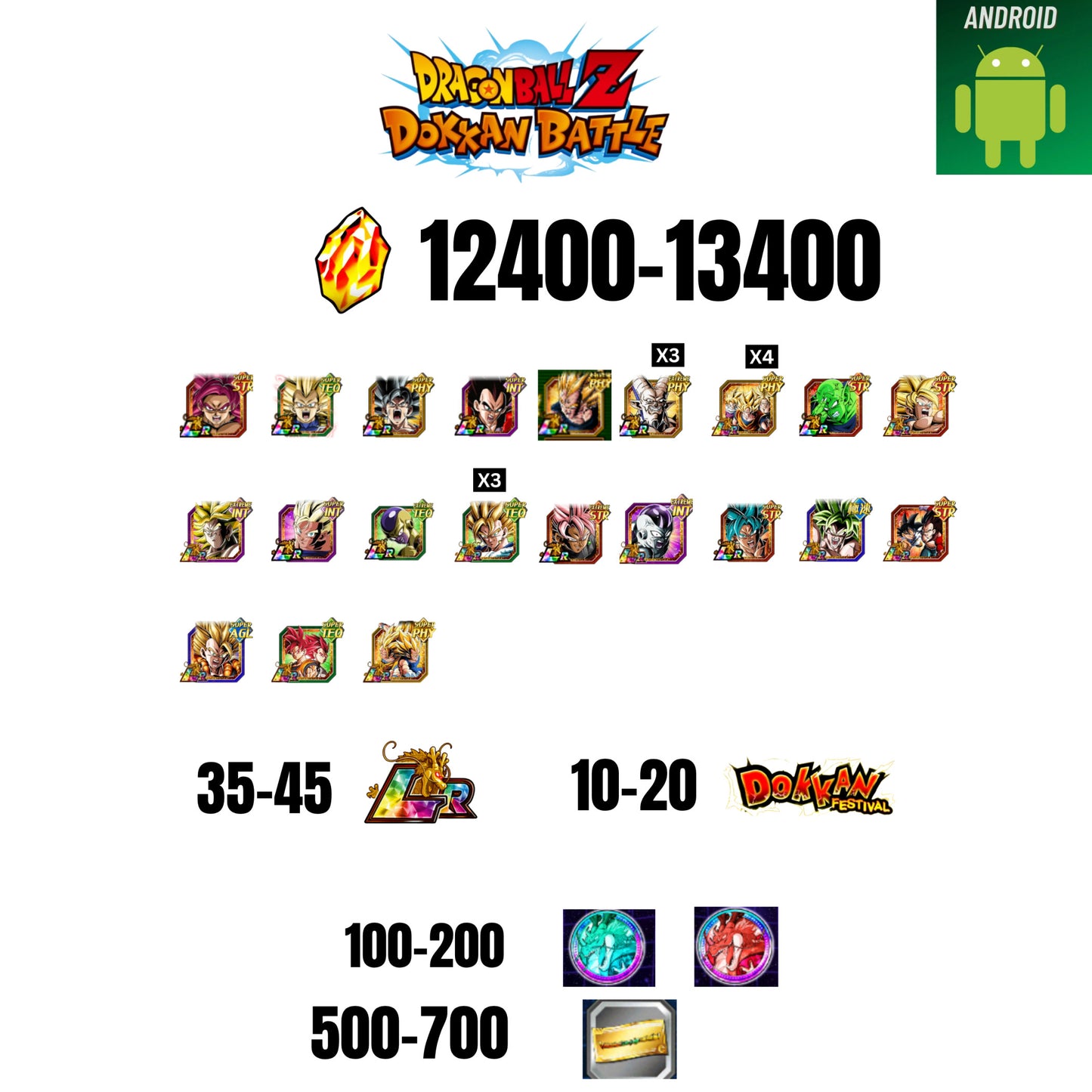 [GLOBAL][ANDROID] 12400-13400 STONES | GOKU SS4 | VEGETA SS3 | GOKU UI | VEGETA SS4 | 21 CHARACTERS | 35-45 LR + 10-20 DOKKAN FEST | 100-200 COIN | 500 TICKET