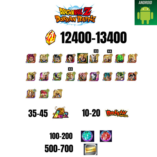 [GLOBAL][ANDROID] 12400-13400 STONES | GOKU SS4 | VEGETA SS3 | GOKU UI | VEGETA SS4 | 21 CHARACTERS | 35-45 LR + 10-20 DOKKAN FEST | 100-200 COIN | 500 TICKET