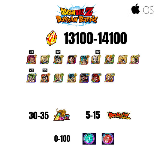 [GLOBAL][IOS] 13100-14100 STONES | GOKU SS4 | VEGETA SS3 | GOKU UI | VEGETA SS4 | 18 CHARACTERS | 30-40 LR + 5-15 DOKKAN FESTIVAL | 0-100 ANNY COIN
