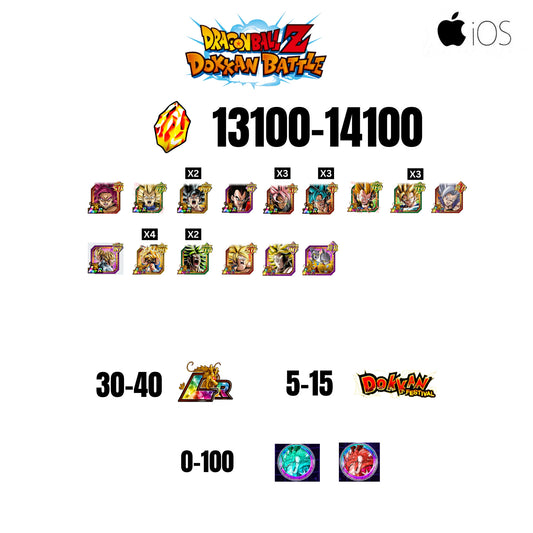 [GLOBAL][IOS] 13100-14100 STONES | GOKU SS4 | VEGETA SS3 | GOKU UI | VEGETA SS4 | 15 CHARACTERS | 30-40 LR + 5-15 DOKKAN FESTIVAL | 0-100 ANNY COIN