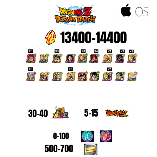 [GLOBAL][IOS] 13400-14400 STONES | GOKU SS4 | VEGETA SS3 | GOKU UI | VEGETA SS4 | 18 CHARACTERS | 30-40 LR + 5-15 DOKKAN FEST | 0-100 COIN | 500 TICKET