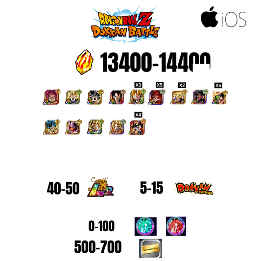 [GLOBAL][IOS] 13400-14400 STONES | GOKU SS4 | VEGETA SS3 | GOKU UI | VEGETA SS4 | 14 CHARACTERS | 40-50 LR + 5-15 DOKKAN FEST | 0-100 COIN | 500 TICKET