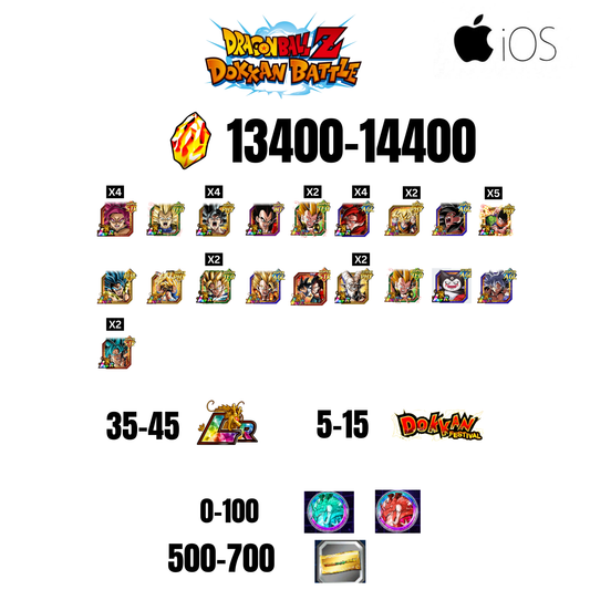 [GLOBAL][IOS] 13400-14400 STONES | GOKU SS4 | VEGETA SS3 | GOKU UI | VEGETA SS4 | 19 CHARACTERS | 35-45 LR + 5-15 DOKKAN FEST | 0-100 COIN | 500 TICKET