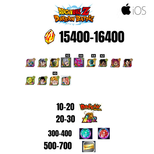 [GLOBAL][IOS] 15400-16400 STONES | BEAST GOHAN | CELL MAX | 13 CHARACTERS | 10-20 DOKKAN FEST | 20-30 LR | 500 TICKET