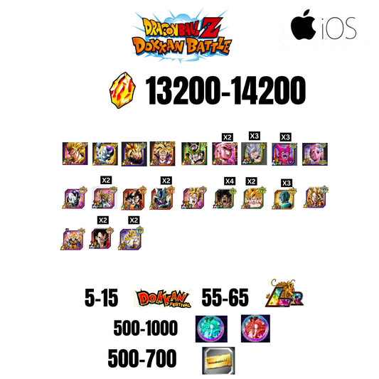 [GLOBAL][IOS] 13200-14200 STONES | 6TH ANNY CHARACTERS ANNY | BEAST GOHAN | CELL MAX | 21 CHARACTERS | 5-15 DOKKAN FEST | 55-65 LR | 500 TICKET