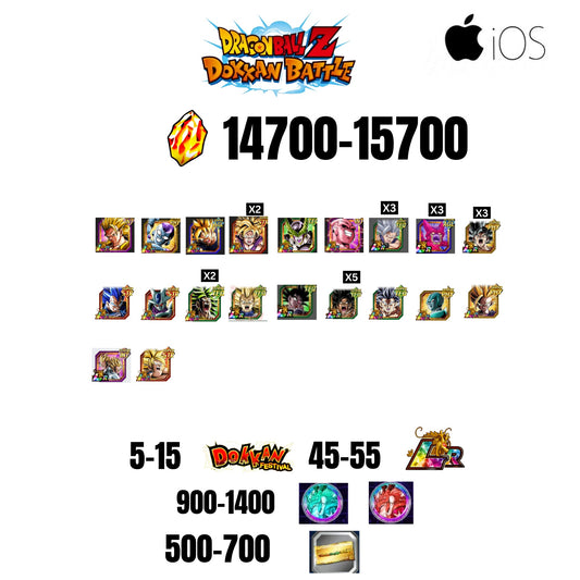 [GLOBAL][IOS] 14700-15700 STONES | 6TH ANNY CHARACTERS ANNY | BEAST GOHAN | CELL MAX | 20 CHARACTERS | 5-15 DOKKAN FEST | 45-55 LR | 500 TICKET
