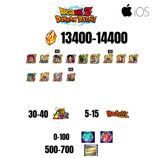 [GLOBAL][IOS] 13400-14400 STONES | GOKU SS4 | VEGETA SS3 | GOKU UI | VEGETA SS4 | 13 CHARACTERS | 30-40 LR + 5-15 DOKKAN FEST | 0-100 COIN | 500 TICKET