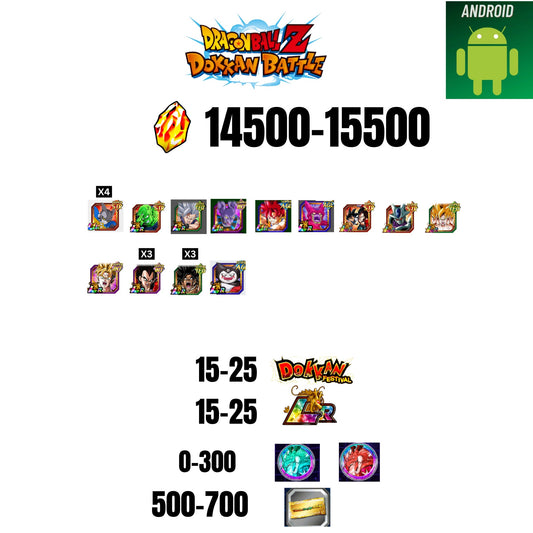 [GLOBAL][ANDROID] 14500-15500 STONES | BEAST GOHAN | CELL MAX | GOKU GOD | BEERUS | 13 CHARACTERS | 15-25 DOKKAN FEST | 15-25 LR | 500 TICKET