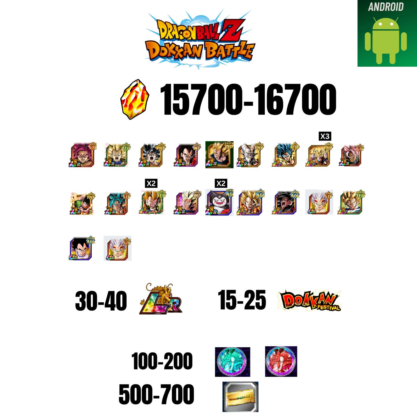 [GLOBAL][ANDROID] 15700-16700 STONES | GOKU SS4 | VEGETA SS3 | GOKU UI | VEGETA SS4 | 19 CHARACTERS | 30-40 LR + 15-25 DOKKAN FEST | 100-200 COIN | 500 TICKET