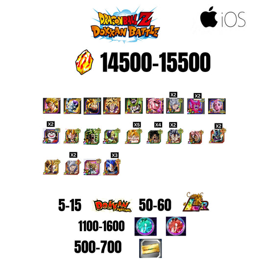 [GLOBAL][IOS] 14500-15500 STONES | 6TH ANNY CHARACTERS ANNY | BEAST GOHAN | CELL MAX | 22 CHARACTERS | 10-20 DOKKAN FEST | 50-60 LR | 500 TICKET